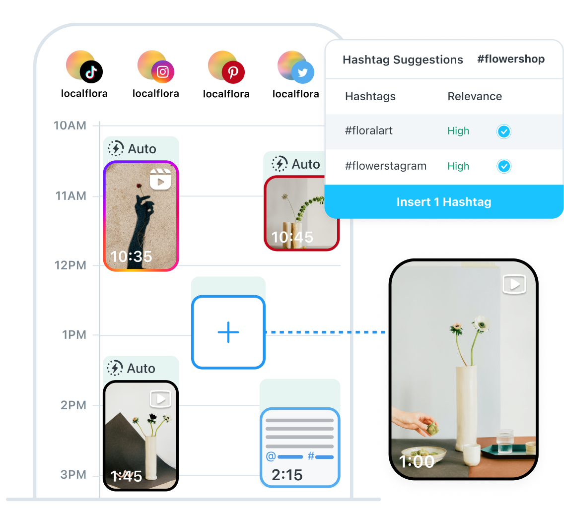 Local Flora schedules posts at their Best Time to Post and uses hashtags from Hashtag Suggestions in the Later app